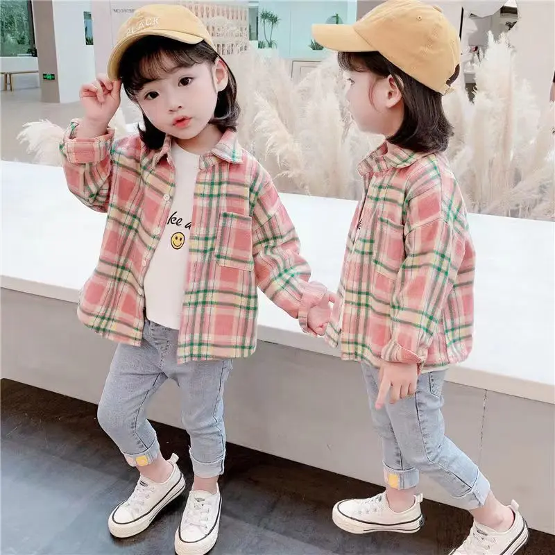 여아용 빈티지 격자 무늬 셔츠, 긴 소매 라펠 싱글 브레스트 가디건 베이스 티셔츠, 면 의류, 2-9 세 용수철 가을