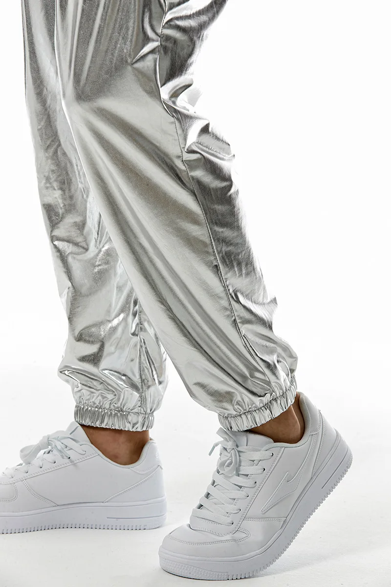 Shiny Metallic PU Leather Sweatpants Men Hip Hop Gold Coated Trousers Disco Nightclub Costume Stage Perform Pants for Singers 6
