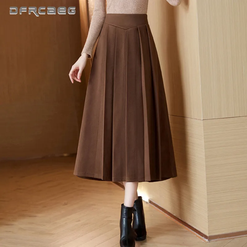 

Elegant Women Winter Woolen Pleated Skirt Long 2023 High Waist Office Big Swing Vintage Below Knee Wool Saias Longas Female