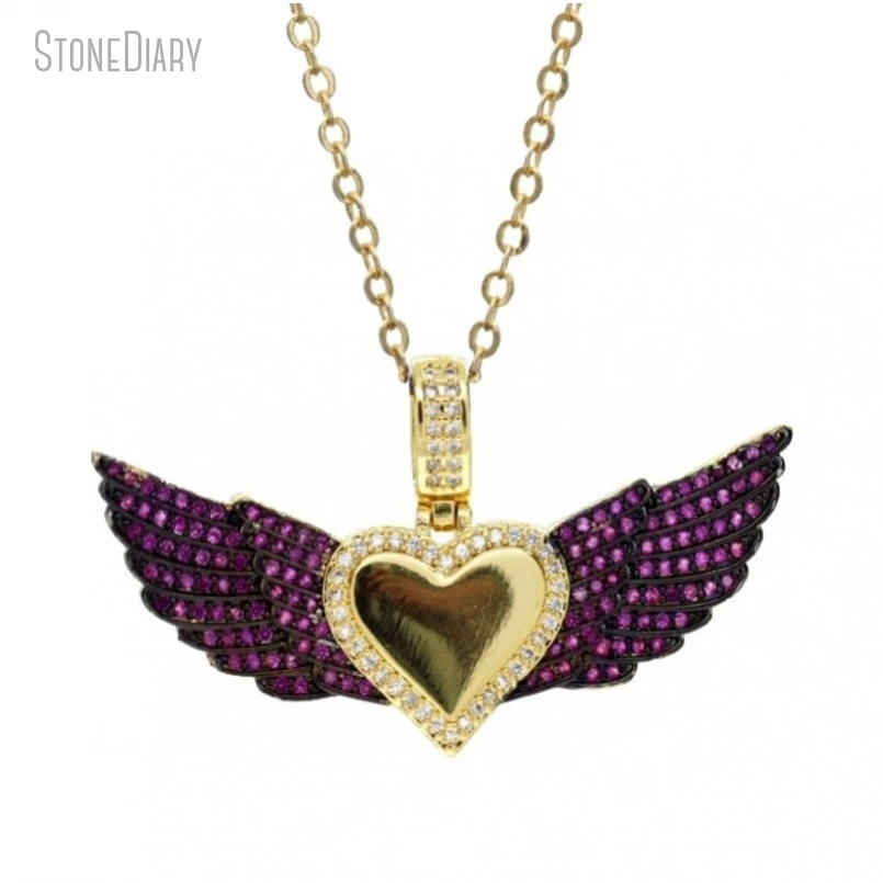 

5Pcs Wholesale Gold Color Hot Pink Copper Cubic Zirconia Heart Shape Angle Point Wing Gift For Her Jewelry Necklace
