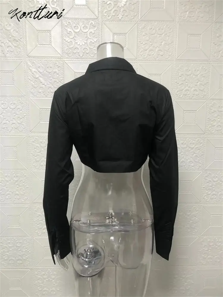 Kontturi Fall Solid Shirts For Women 2023 Turn-down Collar Long Sleeve Black Crop Top Casual Outfits White Pockets Shirts Female