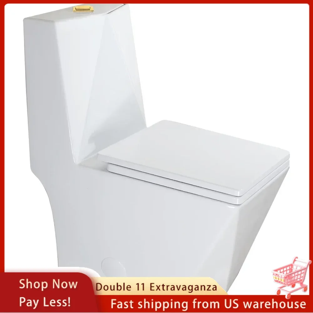 Square One Piece Toilet Black With Gold Button For Modern Bathroom,Diamond-shaped Sleek Design Elonagted Rectangle White