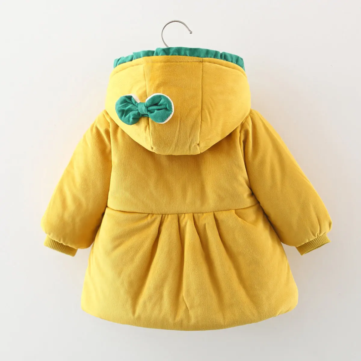New Winter Girls' Cotton Coat Cartoon Cotton Coat Bow and Lace Contrast Button Double Pocket Children's Clothing