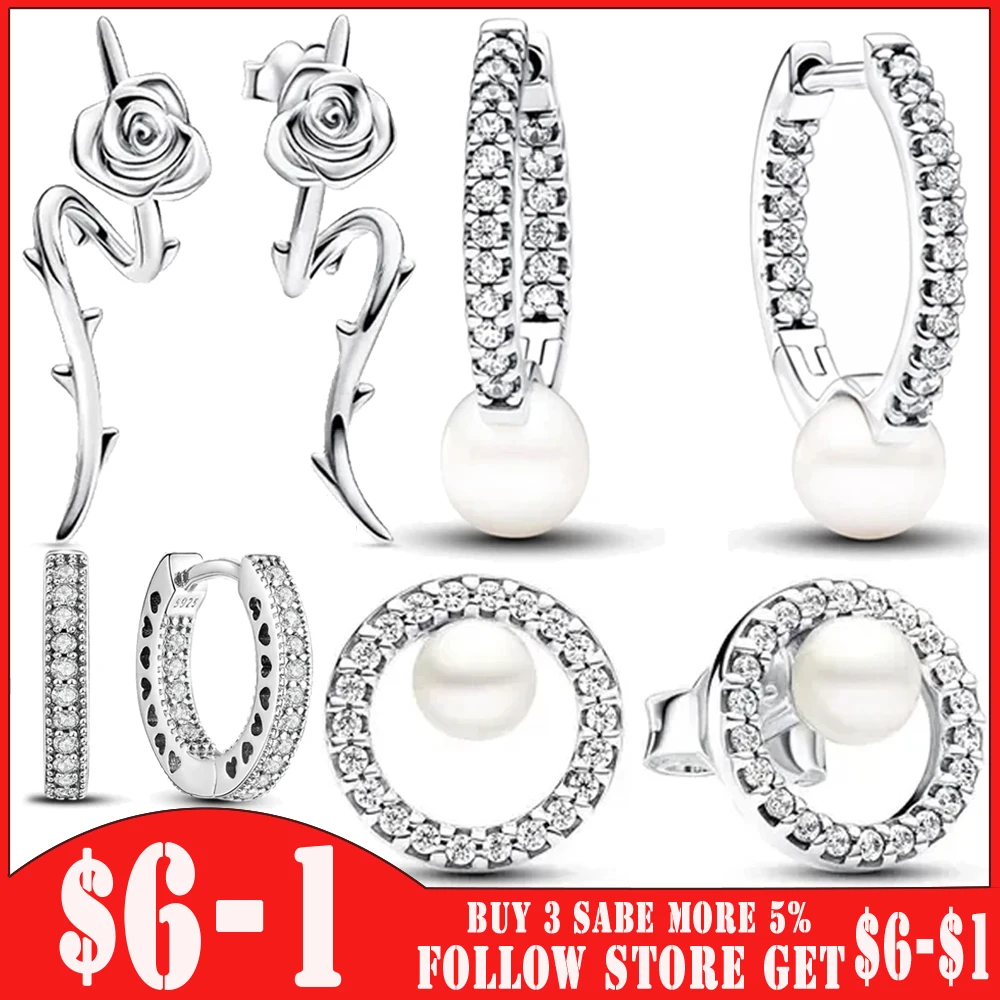 

925 Silver Earrings 2024 Summer Roses Pearl & Beads Heart Hoop Earring With Crystal For Hippies Women Gifts Popular Jewelry