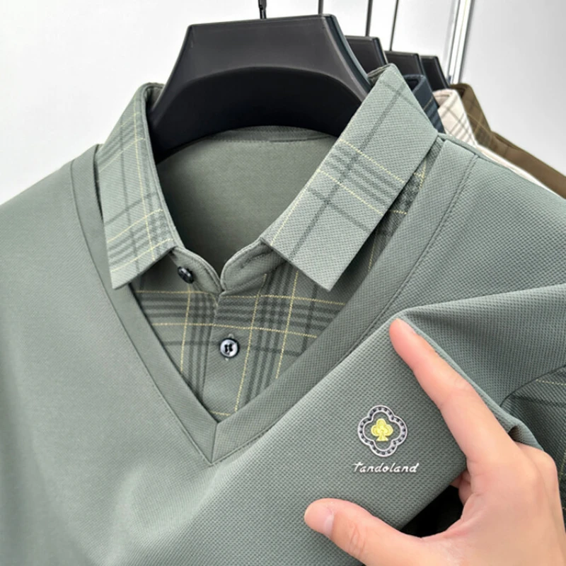 Polo a maniche lunghe da uomo nuova stampa artigianale finta due pezzi primavera e autunno colletto che dimagrisce Polo a maniche lunghe da uomo - immagine 2