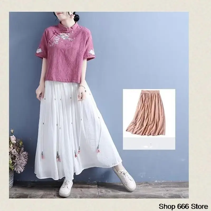 Spring Summer Cotton Linen Solid Color Standing Collar Women's Short Sleeve Top Chinese Style Retro Zen T-shirt Tang Suit Hanfu
