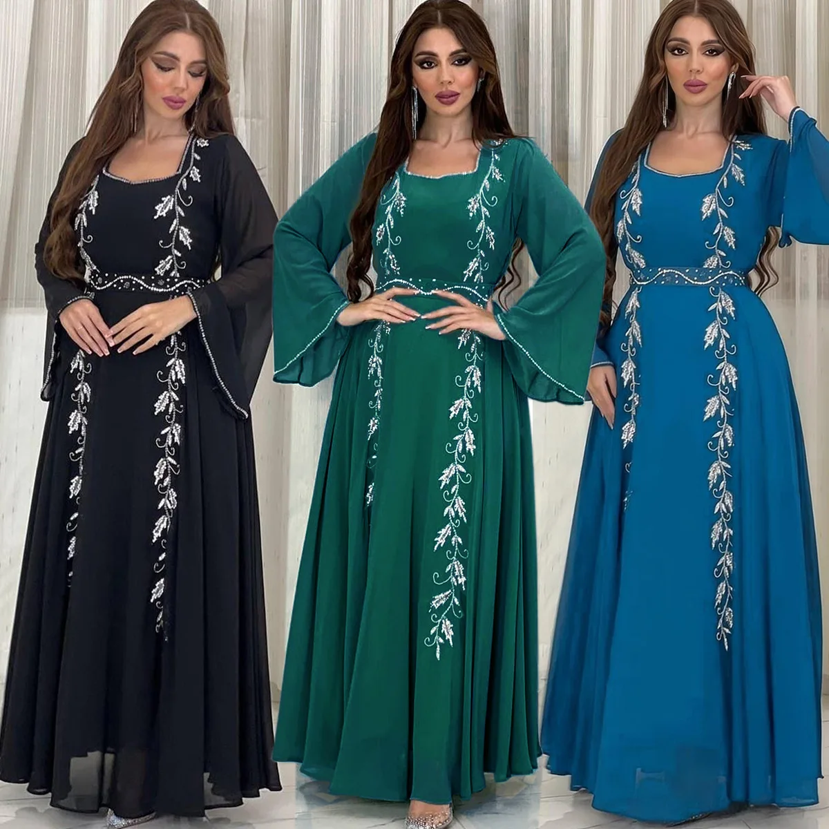 

Ramadan Moroccan Islamic Middle East Eid al Adha Arab Dubai Embroidered Fashion Dress Muslim Party Waistband Slim Fit Robe