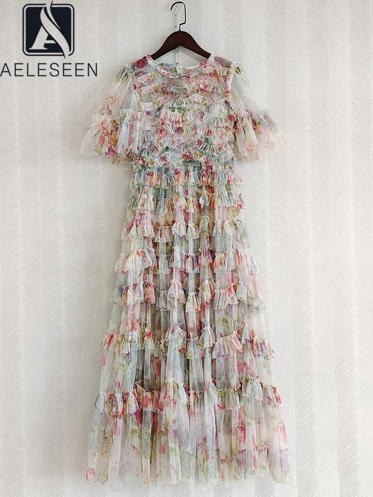 

AELESEEN Runway Fashion Party Dress Women Summer Flare Sleeve Gauze Colorful Flower Print 3D Ruffles Edibel Tree Fungus Layered