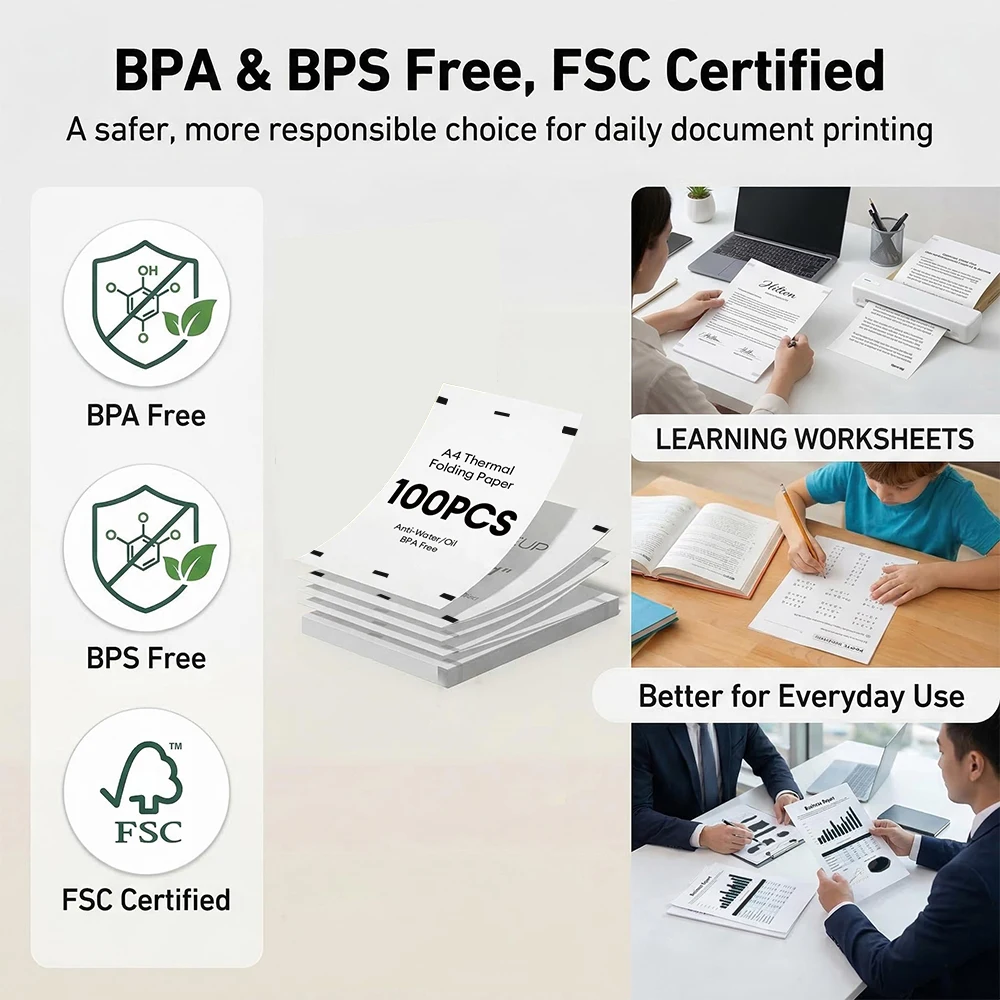 20/100/200 시트 A4 감열지 210mm 접이식 용지 A4 휴대용 감열 프린터용 사진 PDF용 다목적 인쇄 용지