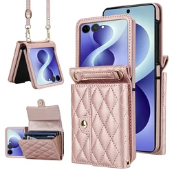 Luxury Foldable Leather Wallet Phone Case with Removable Crossbody Lanyard - Galaxy Z Flip5 (LightPink)