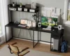 L Shaped Gaming Desk with LED Lights & Power Outlets, Reversible L Shape Computer Desk with Storage Drawer & Shelf 4