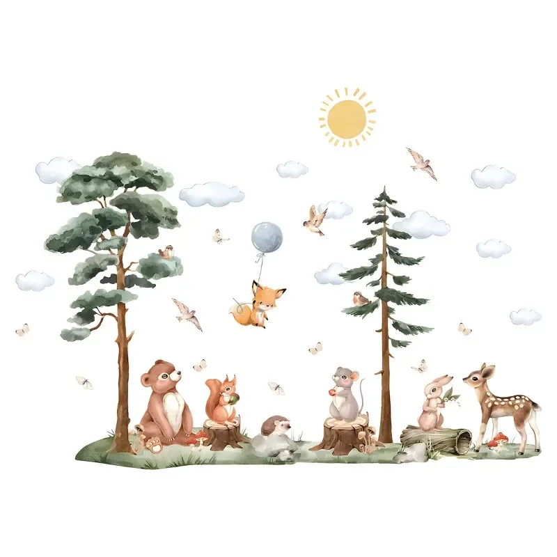 Whimsical Animal Forest Wall Decals Self-Adhesive PVC Wall Stickers for Kids Room Nursery Bedroom Decor