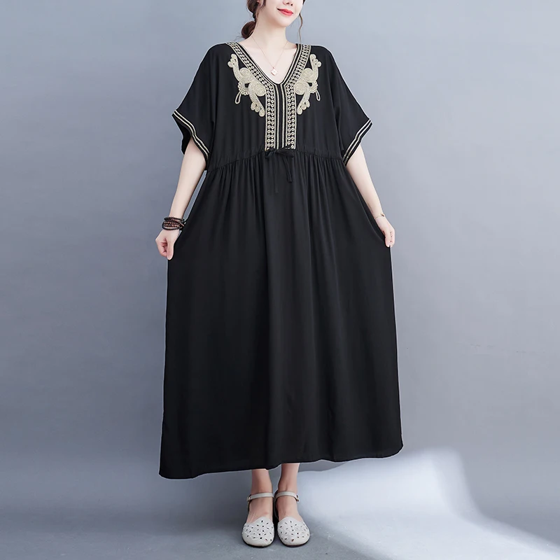 

2023 New Arrival V-neck Embroidery Floral Loose Spring Summer Dress Office Lady Work Dress Fashion Women Travel Casual Dress