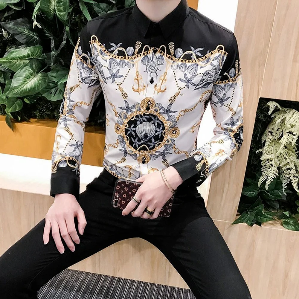 Summer Men's Fashion Long Sleeve Shirts,Lapel  Stand Collar Button Up Shirts，Mens Long Sleeve Print Shirt  Retro British Clothes