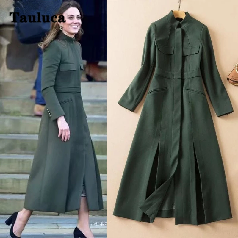 

Princess Kate Middleton Coat Dress Green Long Wool Overocoat Women Elegant Luxury Long Sleeve Autumn Winter Outerwear Clothes