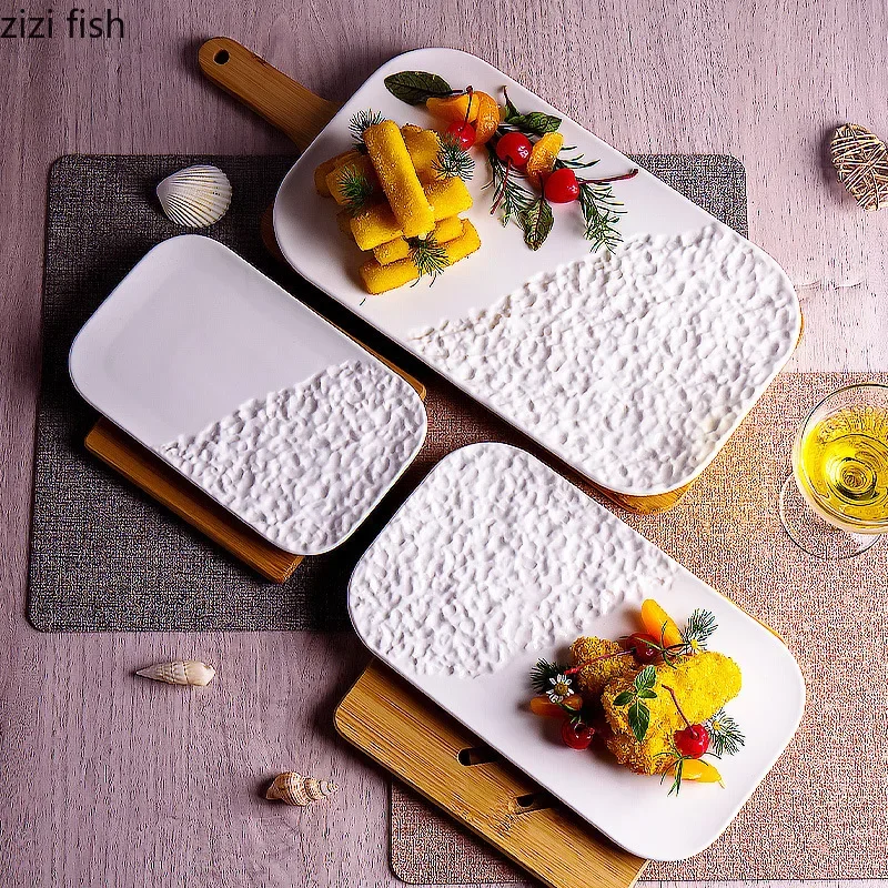 Pure White Ceramic Stone Patterned Sushi Plate Creative Sashimi Plate Dessert Dish Barbecue Hotel Specialty Tableware