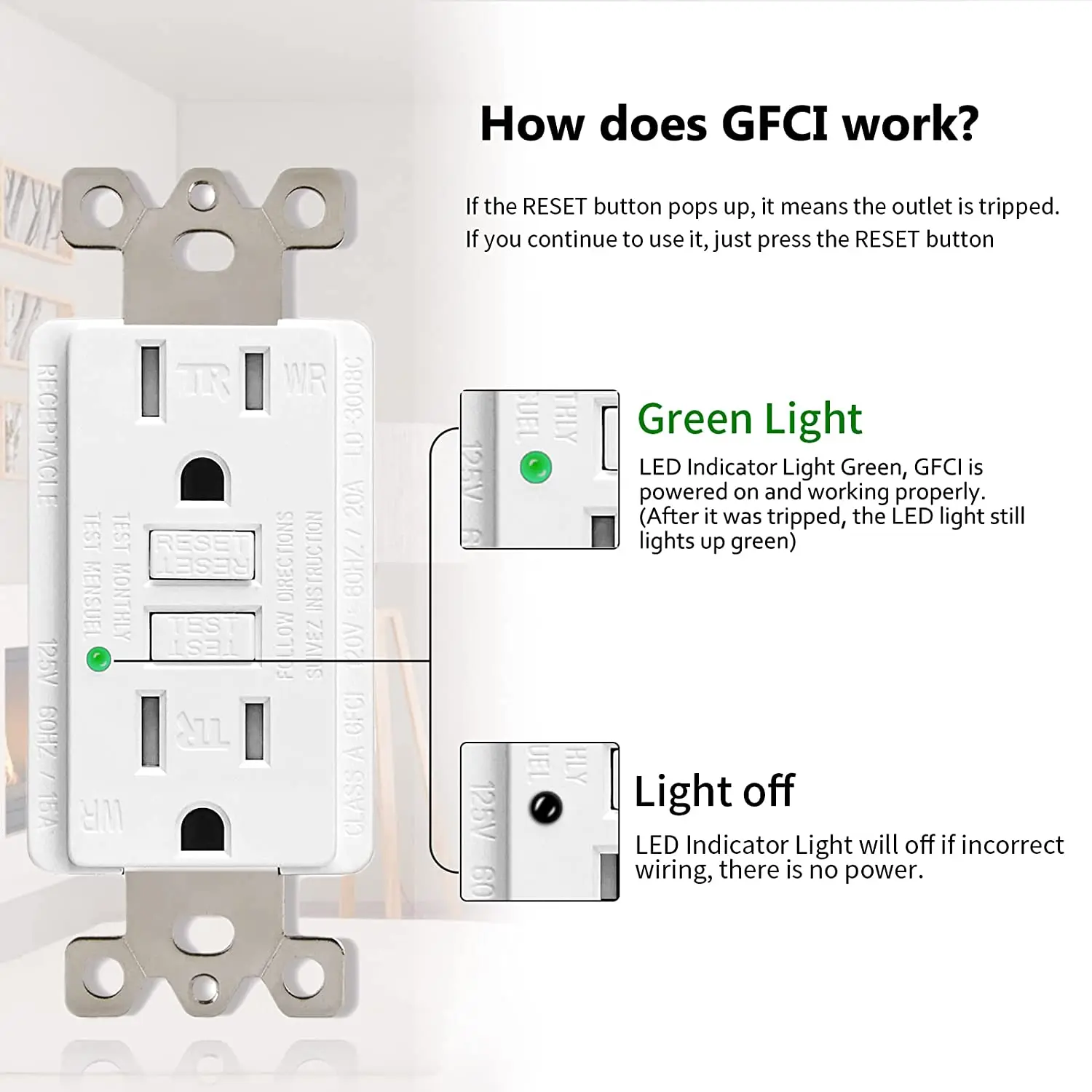 NineLeaf 15Amp GFCI Receptacle Outlet Receptacle Tamper Resistant and Weather Resistant with LED Indicator Power Socket
