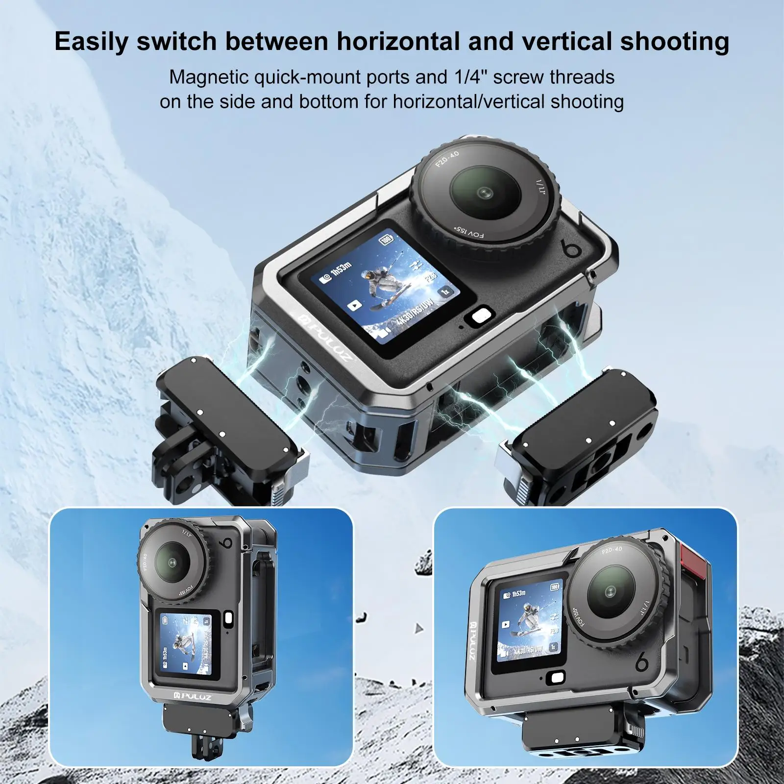 For DJI Osmo Action 6 PULUZ Metal Dual-Opening Camera Cage Expandable Frame with Silicone Lens Cap