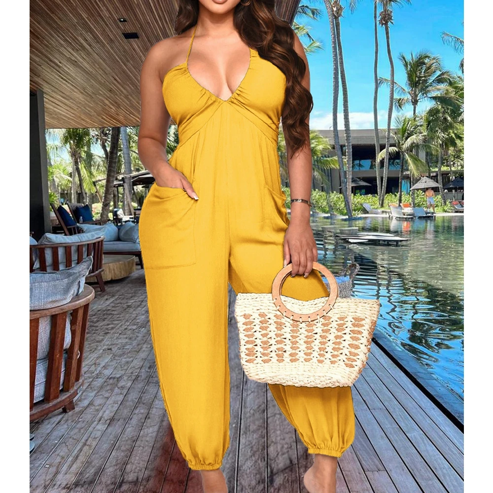 

Wepbel Jumpsuit Women Sexy Sleeveless Spaghetti Strap Low Cut Casual Jumpsuits Rompers Casual Halter Solid Color Wide Leg Pants