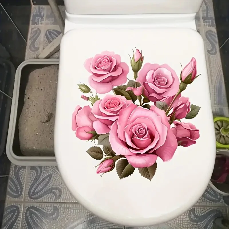 Waterproof Pink Roses Bouquet Creative Decal Reusable PVC Sticker for Toilet Lid Bathroom Decor toilet stickers toilet wall stickers toilet seat stickers