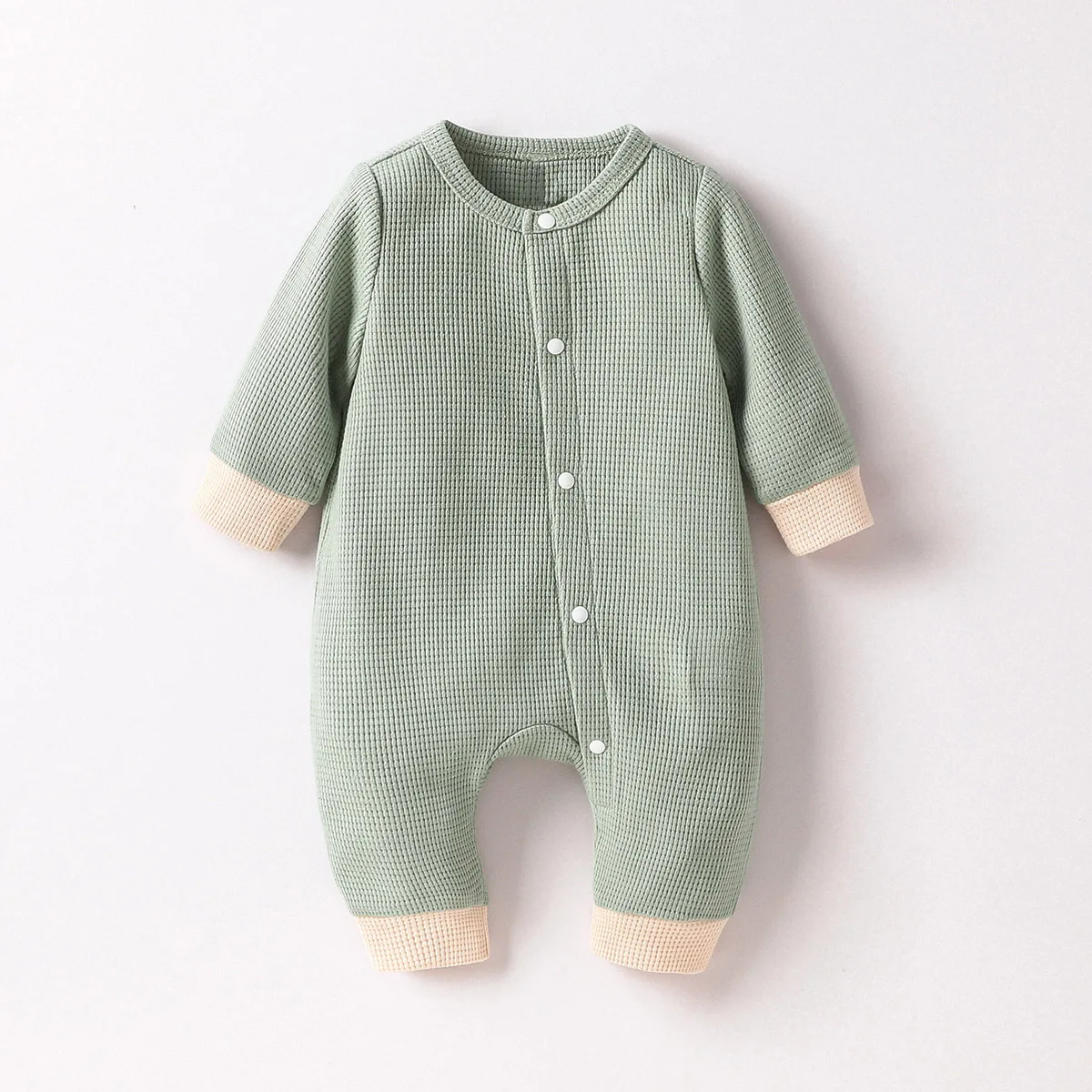 Baby Newborn Boys  Spring/Autumn Long Sleeve With Button Green Solid Waffle Casual Jumpsuit 1