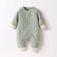 Baby Newborn Boys Spring/Autumn Long Sleeve With Button Green Solid Waffle Casual Jumpsuit 1