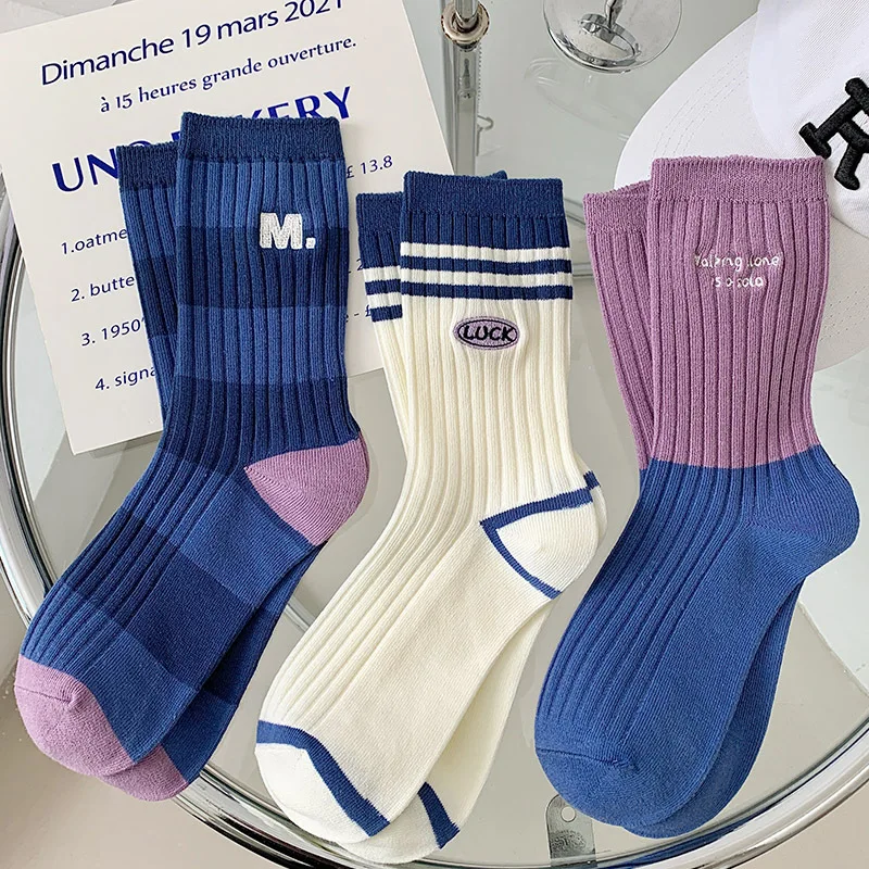 Womens Socks Cotton Women's Long Medium Tube Korean Breathable Leisure Girls Embroidery Spring Summer Stripe