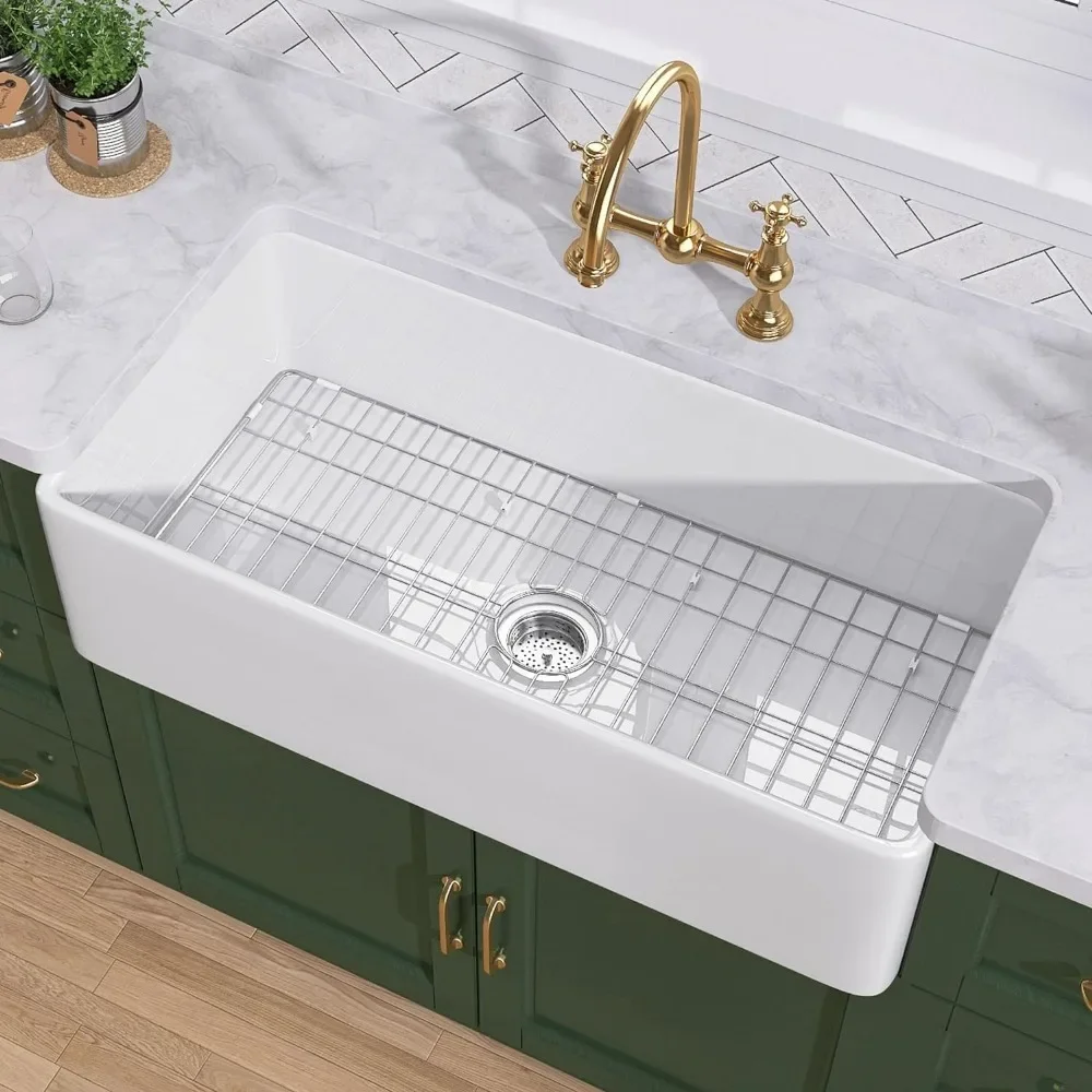 33 Inch Kitchen Sink with Bottom Grid & Strainer Drain, Fireclay Single Bowl Farmhouse Sinks, Deep Drop in Kitchen Sink