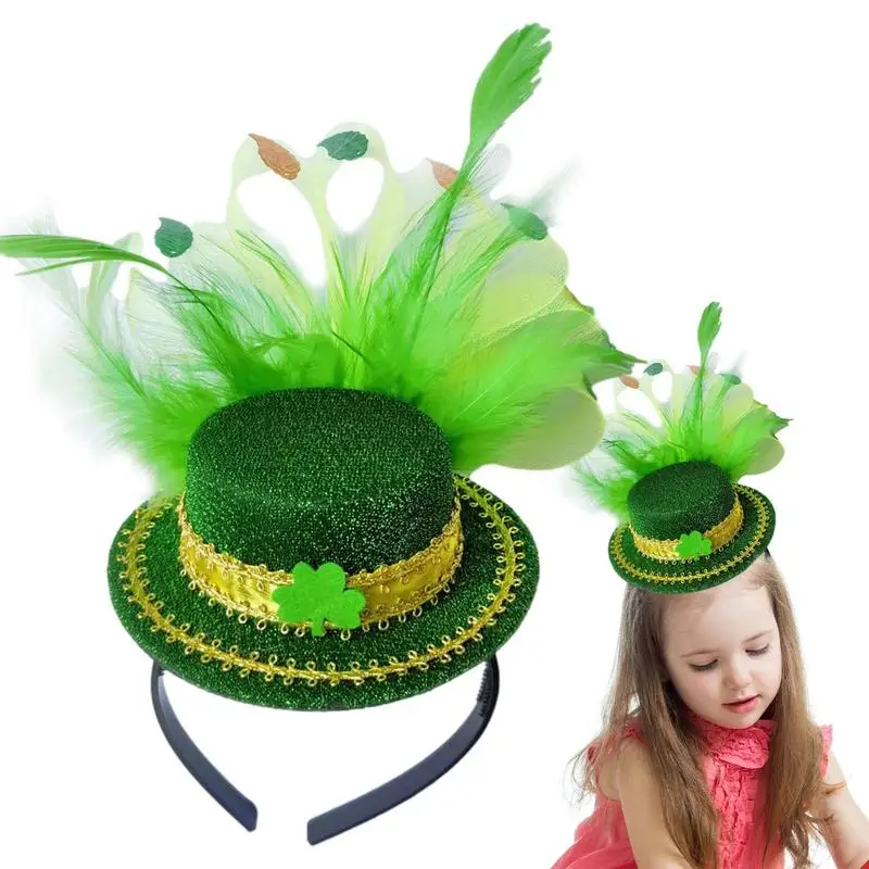 Funny Green Top Hat Feather Headband Lucky Irish Clover Headwear St Patricks Day Hair Band Holiday Accessories Party Supplies 500pcs lot irish festival stickers green shamrock flag beer hat sticker st patrick s day clover sealing label crafts diy toys