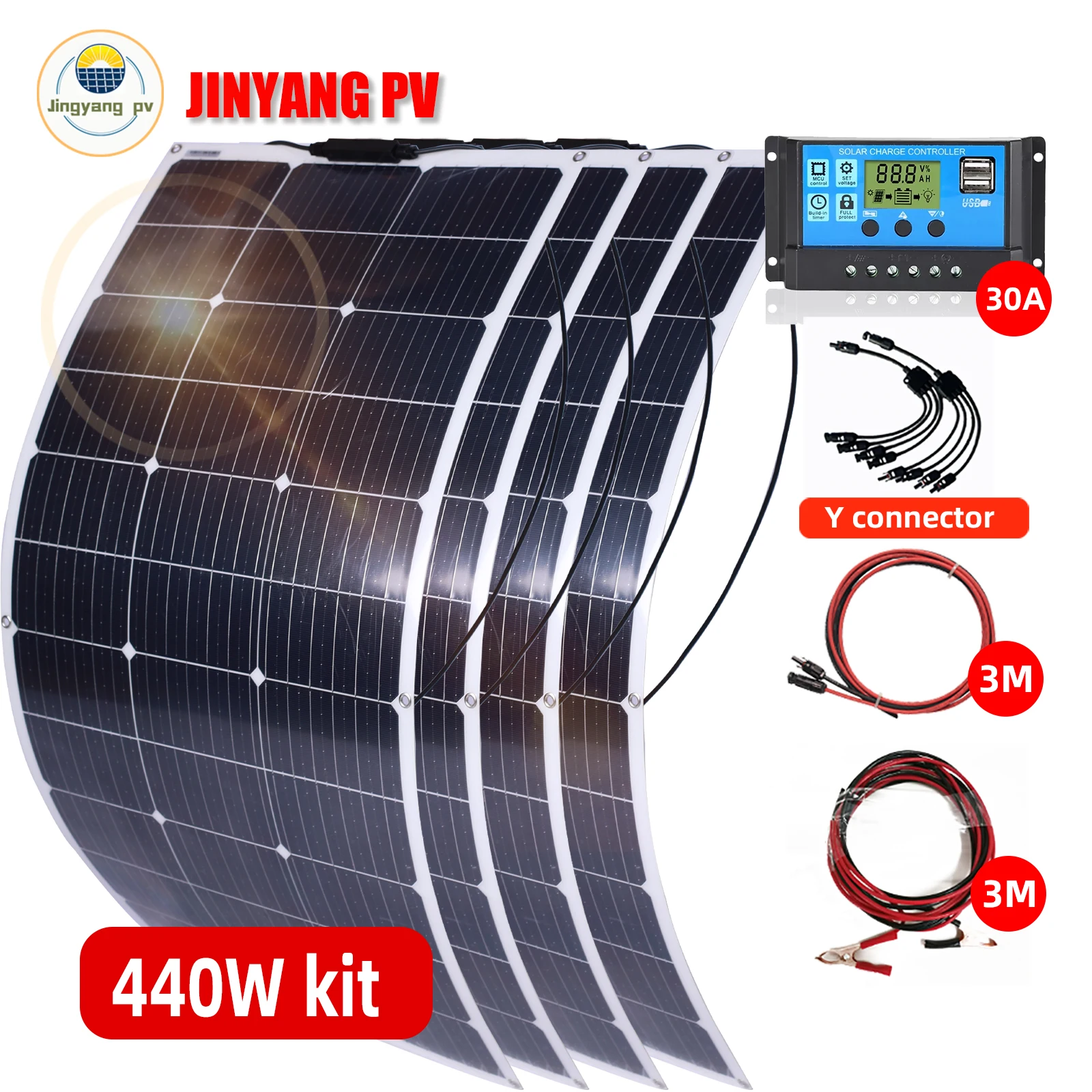 Jingyang-フレキシブル単結晶太陽電池,18v,440w,330w,220w,110w,400w,300w,w,12v,24vバッテリー充電器システムキット  AliExpress Mobile