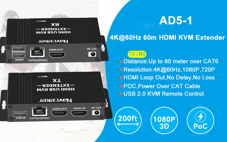 4K 60Hz HDMI USB KVM Extender over Ethernet CAT6 RJ45 1080P 60 Meters Extender K