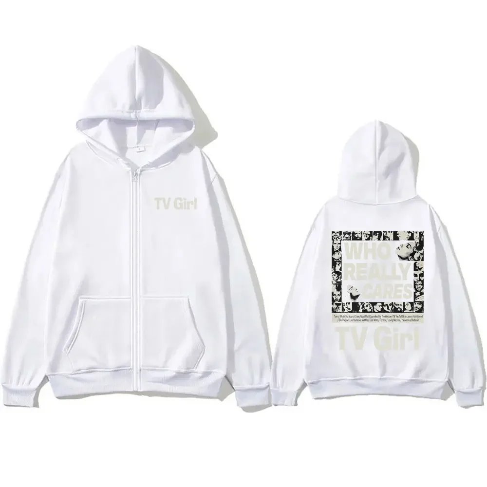 New Tv Girl Men Women Vintage Oversized Zip Up Hoodies Who Really Cares Graphic Zipper Hoodie Unisex Casual Fleece Zip Up Jacket