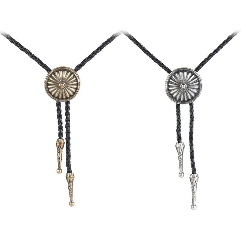 

Mens Antique Metal Round Flower Cowboy Hat Bolo Tie Western Punk Faux Leather Rope Necktie Jewelry Shirt Chain Necklace
