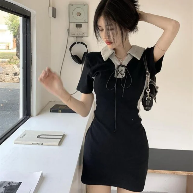 

Summer New Contrast Lacing Slim Mini Dress Polo Neck Short Sleeve Solid All-match Sexy Hip Skirt Fashion Trend Women Clothing