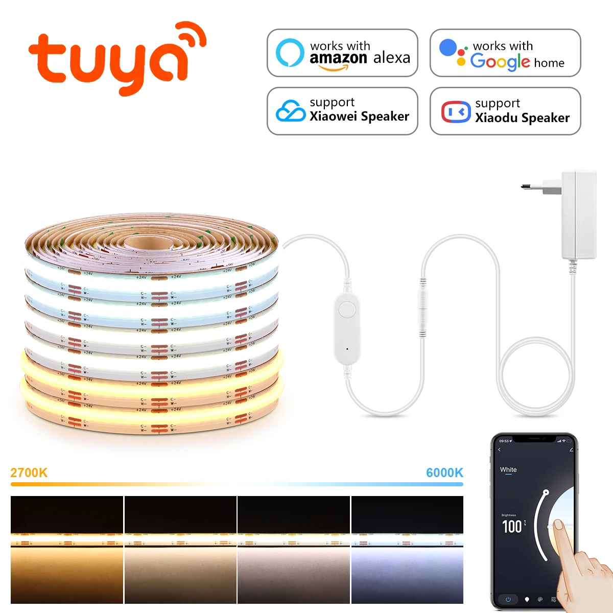 24V COB CCT LED Strip Light Tuya Smart Life WiFi 2700K-6500K Changeable Linear Dimmable LED Tape Work With Alexa Google Home