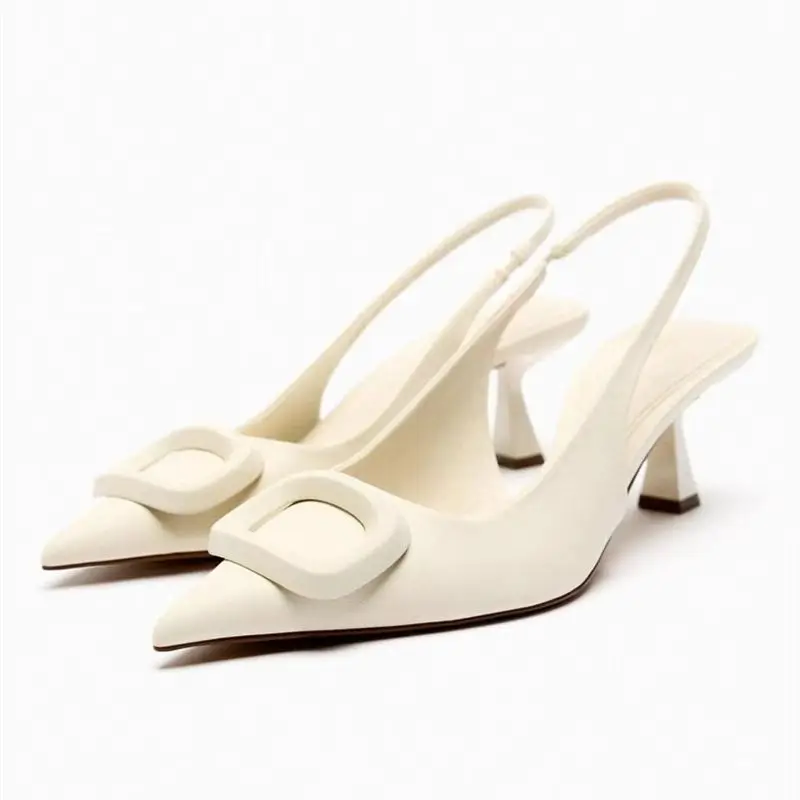 

2024 Spring New Women's Shoes Off White Decorative Details Exposed Heels High Heels Back Strap Pointed Shoes Single Shoes