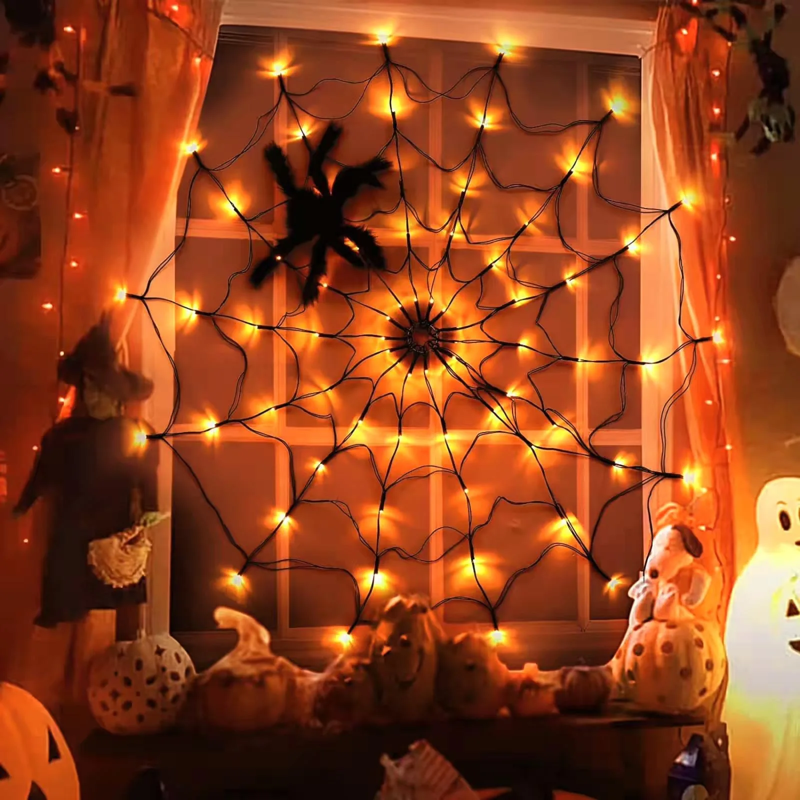 Luces De Telaraña Halloween 1.2M Con 70 LEDs - 8 Modos, Impermeable, Decoración Para Fiestas