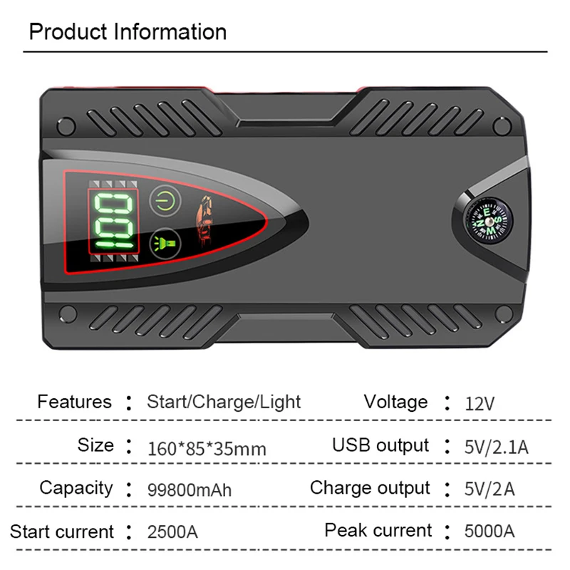 Auto KFZ Starthilfe Jump Starter 99800mAh 12V 2500A Ladegerät Booster  Powerbank