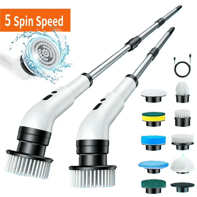 Electric Spin Scrubber, Multifunctional Cordless Cleaning Brushwith 9 Replaceable Heads, USB Rechargeable, 3-SpeedAdjustable