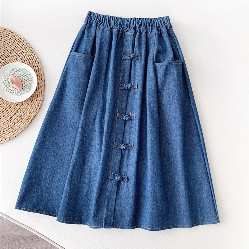 

Women High Waist College Style Knee Length Midi Cotton Denim Skirts Summer Female Vintage Korean Buckle Pocket A-line Jean Skirt