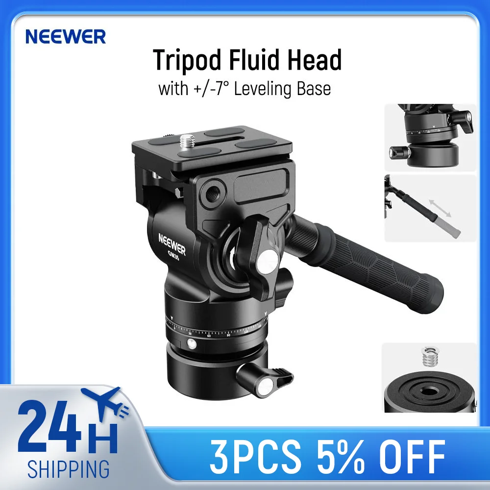 NEEWER Tripod Fluid Head with Leveling Base Metal Mini Pan Tilt Video Head Mount Telescopic Handle for DSLR Camera