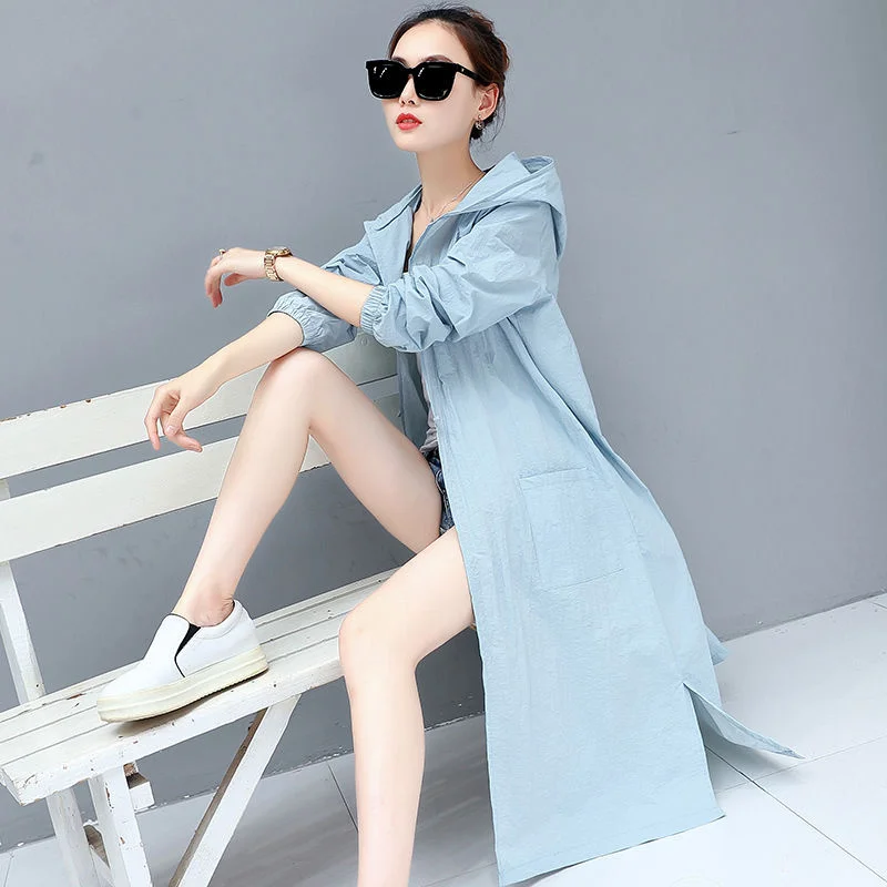 

Spring Summer Women Long Thin Hooded Sun Protection Clothes Windbreaker Jacket Embroidered Shirt Loose Sun-Protective Clothing