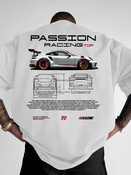 T-shirt Estiva da Uomo con Stampa Motivo Racing di Alta Qualità, 100% Cotone Traspirante, Girocollo, Stile Street Trendy e alla Moda