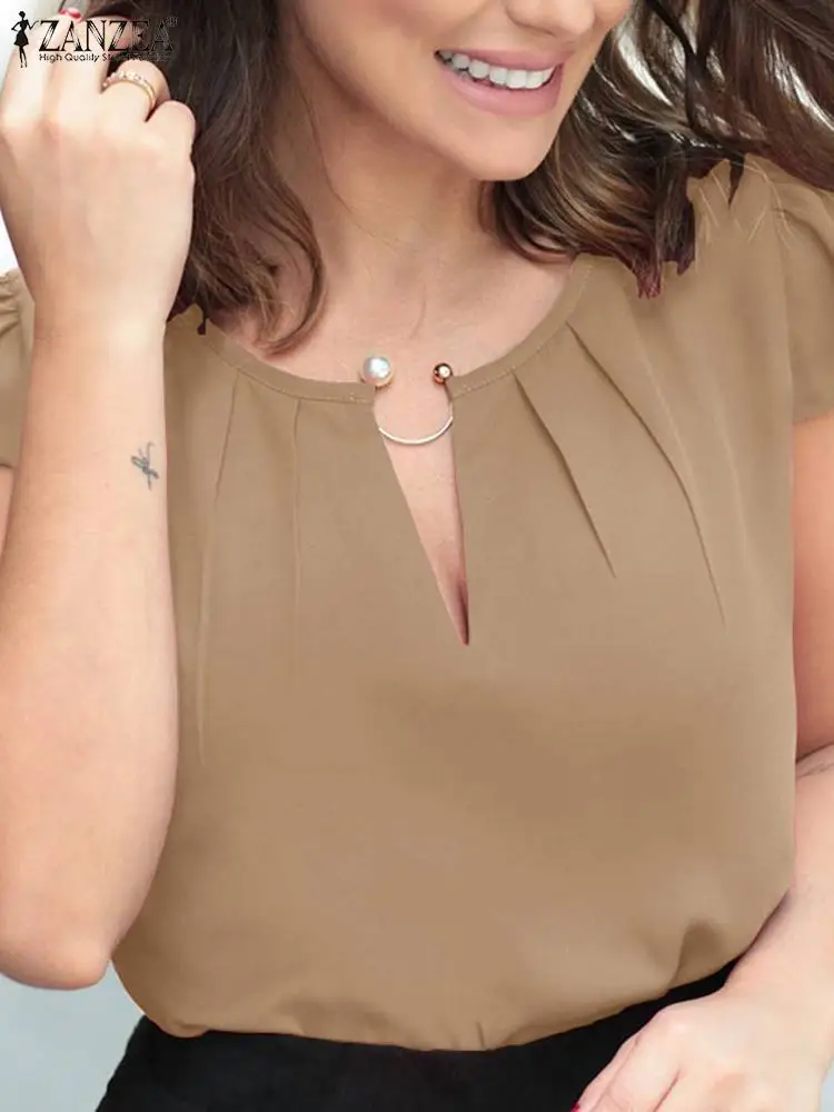 

ZANZEA Women Elegant Shirts Summer Short Sleeve Blouse Fashion Solid Tunic Tops Female O-Neck Work Holiday Blusas Party Chemise