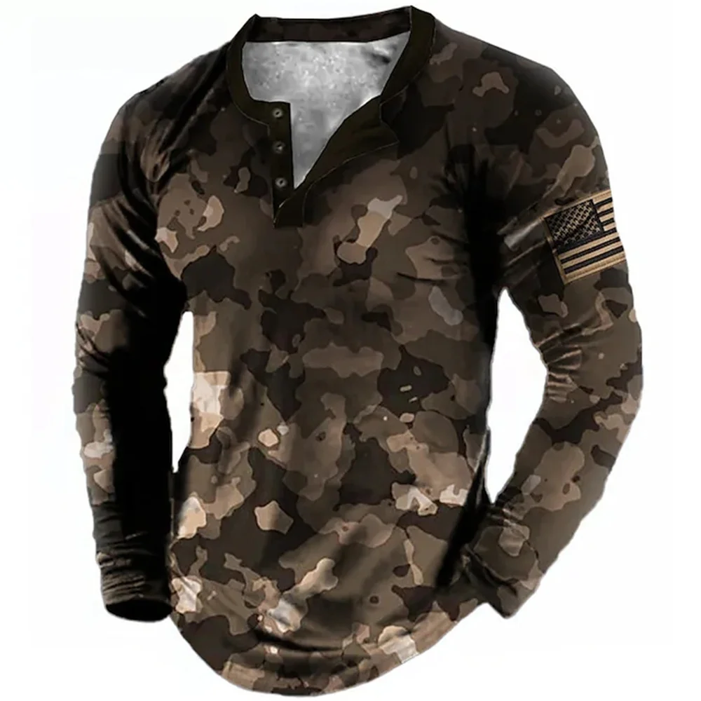 

Vintage Cotton T-shirts for Men Autumn Tshirt Graphic Camouflage 3D Print Oversized Long Sleeve Streetwear Tops Henley Clothing