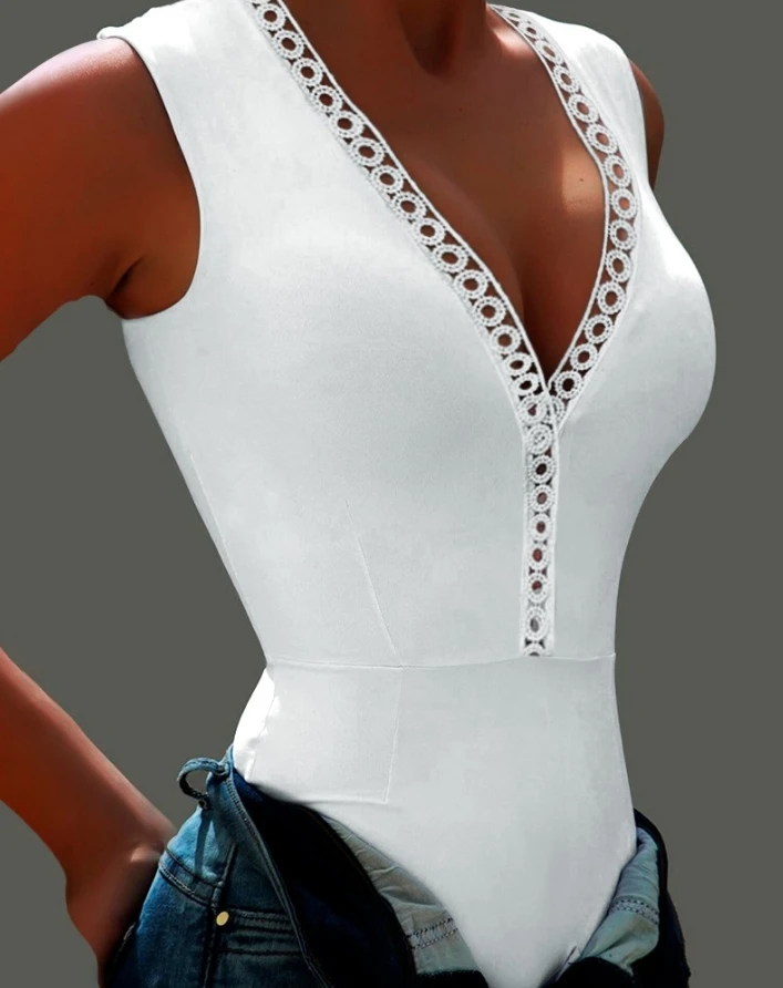 Women's Summer Tank Top Tight Solid Color Casual Fashion Urban Commuter Versatile Contrast Lace Sleeveless Hollow One Piece