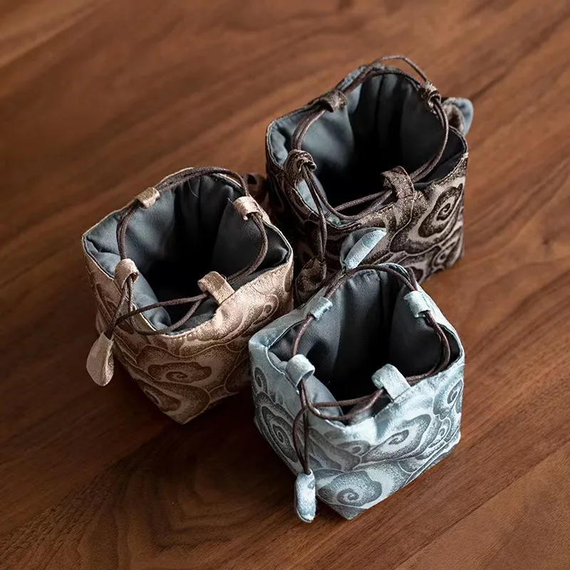 Chinese Style Tea Ceremony Master Cup Cloth Bag Art Portable Bag Square Brocade Drawcord Embroidery Thicken Storage ZD46