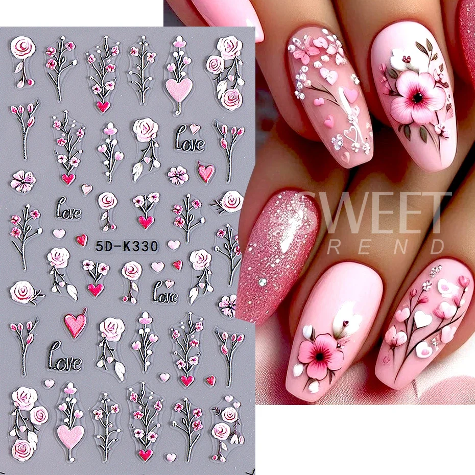 Red Rose Flower Nail Art Stickers 5D Embossed Self-Adhesive Spring Flowers Leaves Design Decals for Women Valentine Decoration