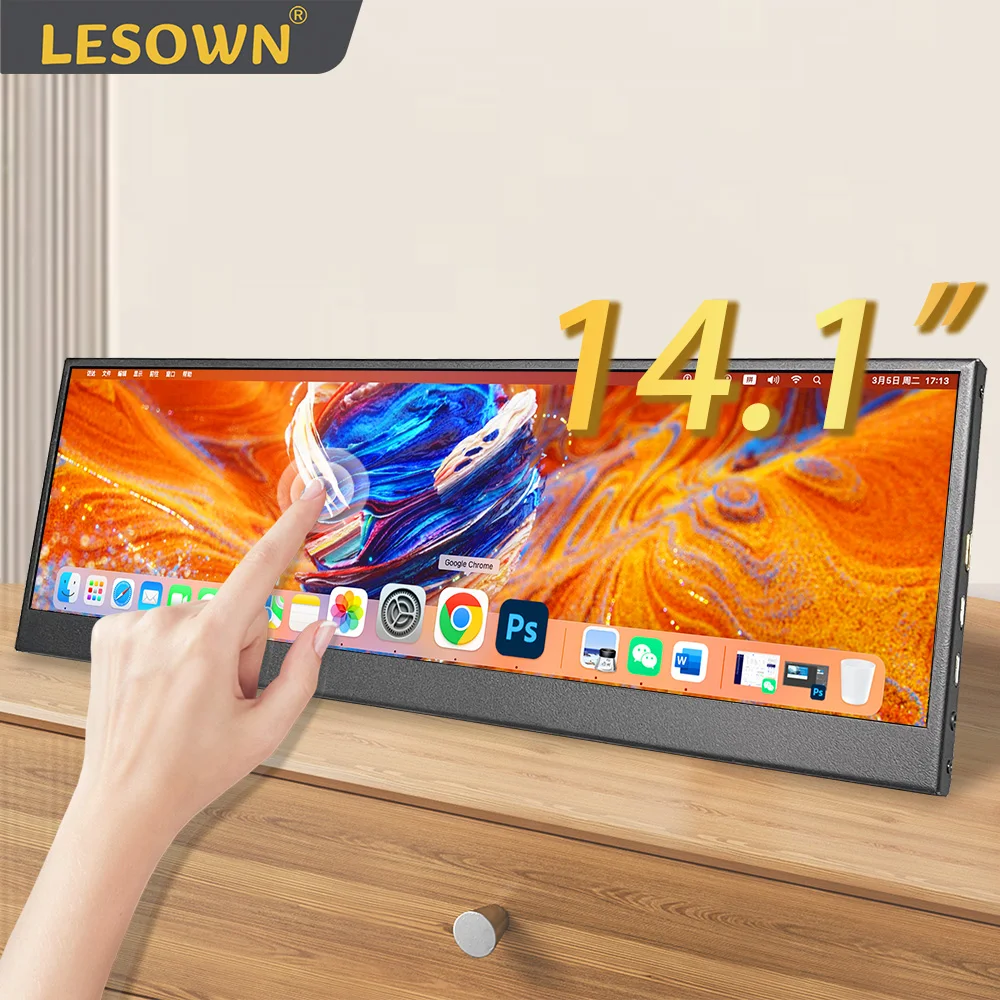 Lesown Ultra Wide Long Stretched Bar Usb C 4K Monitor Touchscreen 14.1 Pollici Pubblicità Esterna Display Commerciale Del Mercato Delle Azioni