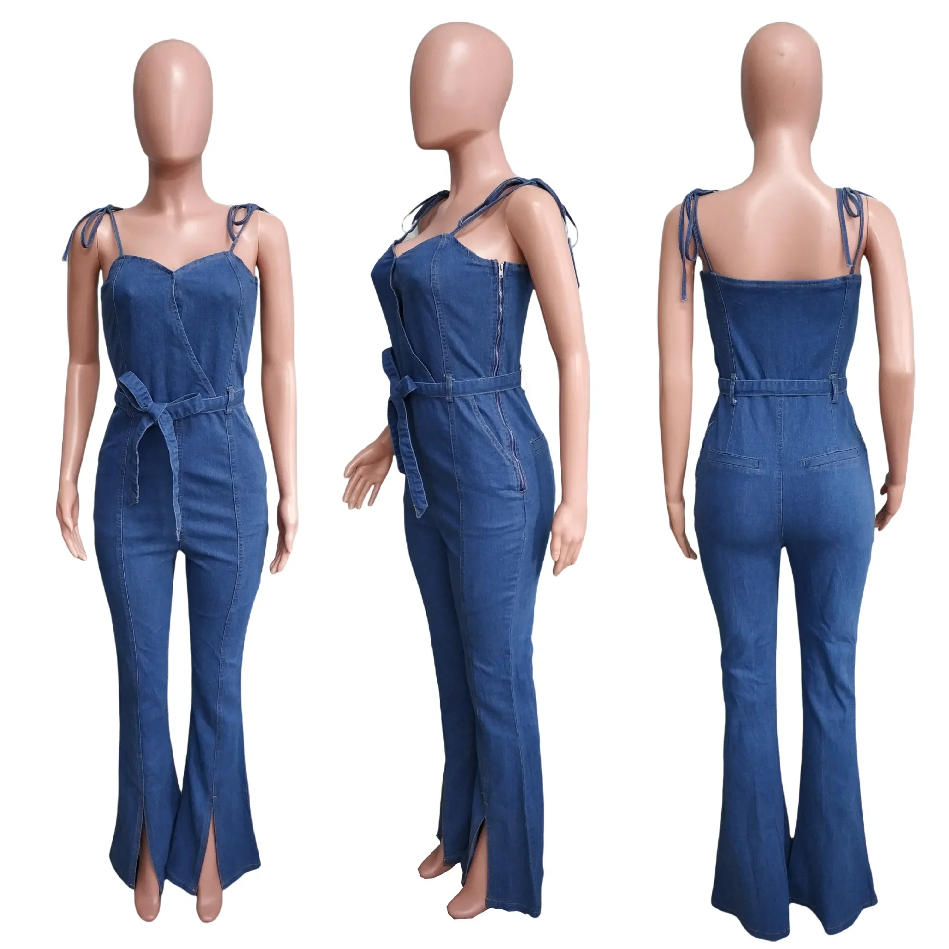 Spaghetti Straps Denim Jumpsuits Elegant Office Lady Solid Skinny Flare Rompers 2024 Summer Sexy Night Club Party One Piece